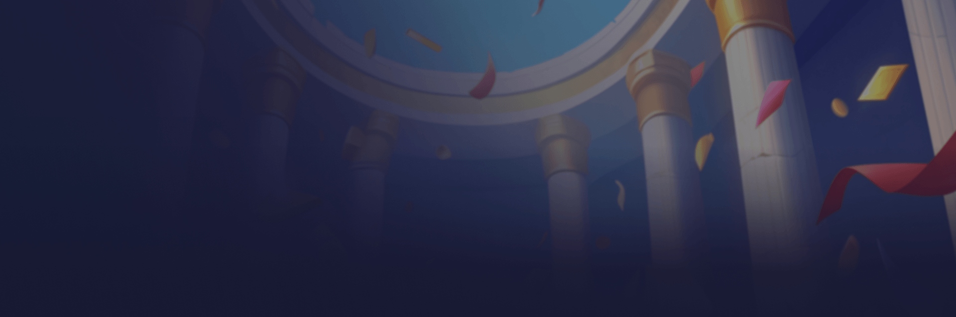 Slota Casino Danmark hero banner Slota Casino hero banner med klassiske søjler, blå himmel og røde konfetti-elementer